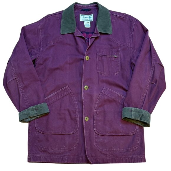 L.L. Bean Mens Burgundy Hunting Barn Coat Plaid Lining Button Front Corduroy Col - Picture 1 of 11